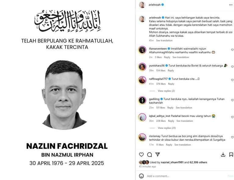 kakak ariel noah meninggal